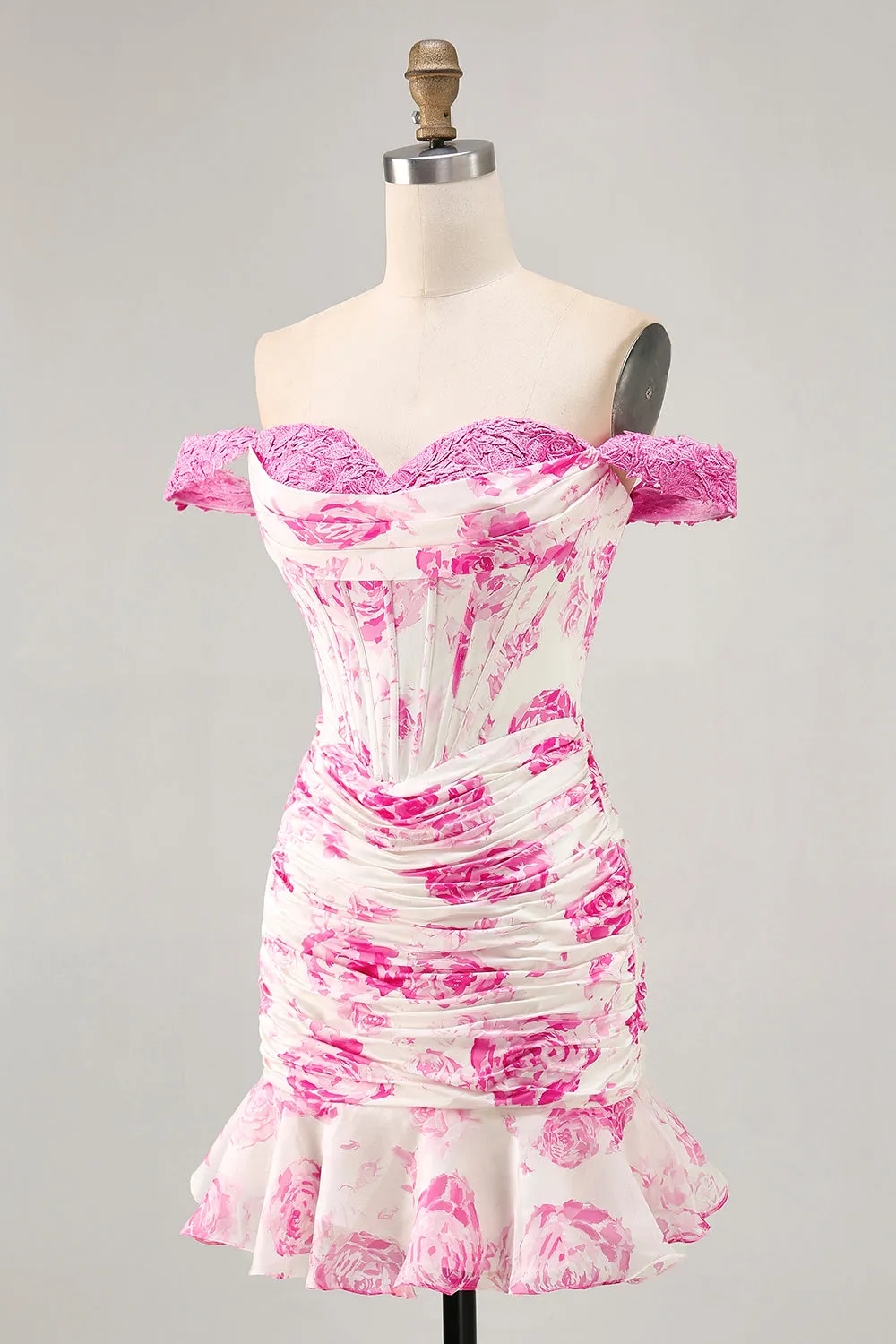Off the Shoulder Ruffled White Fuchsia Flower Corset Short Homecoming Dress sold by Zapaka product image thumbnail 3