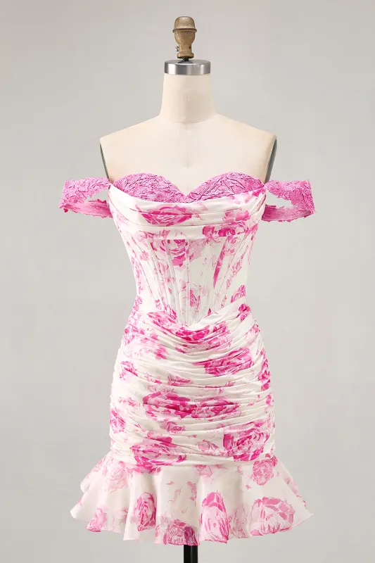 Off the Shoulder Ruffled White Fuchsia Flower Corset Short Homecoming Dress sold by Zapaka
