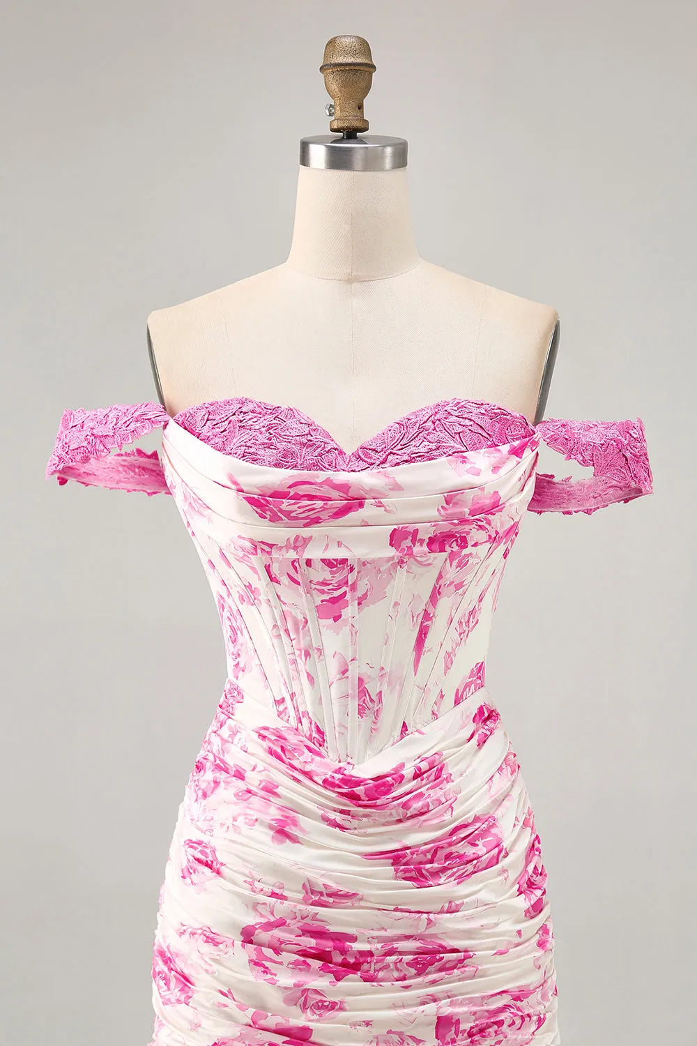 Off the Shoulder Ruffled White Fuchsia Flower Corset Short Homecoming Dress sold by Zapaka product image thumbnail 4