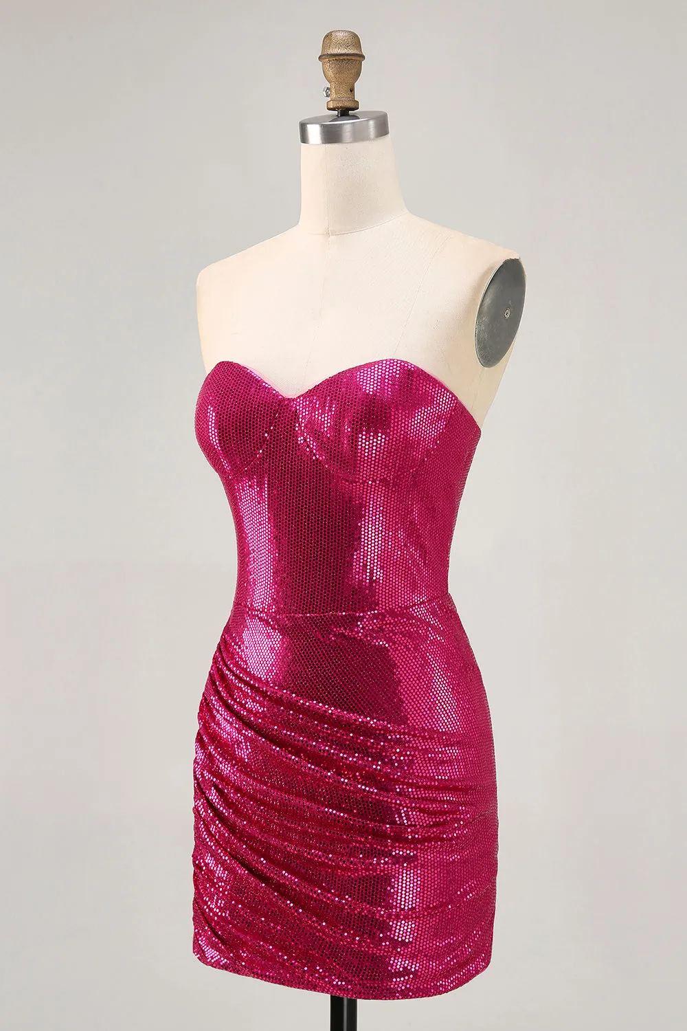 Sparkly Strapless Ruched Bodycon Fuchsia Homecoming Dress with Sequins sold by Zapaka product image thumbnail 3
