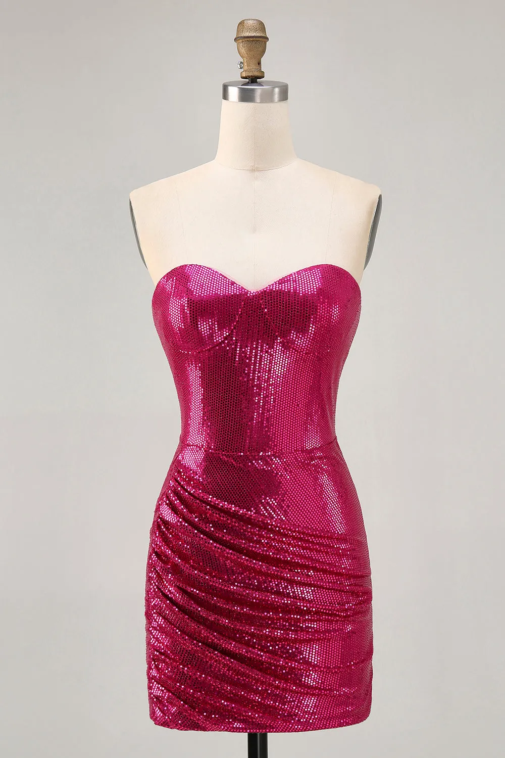 Sparkly Strapless Ruched Bodycon Fuchsia Homecoming Dress with Sequins sold by Zapaka