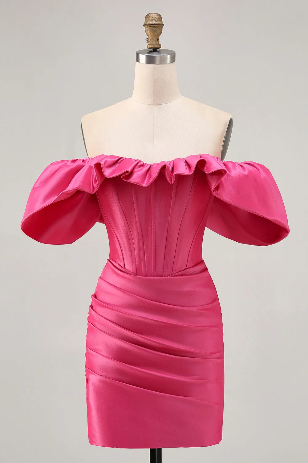 Satin Off The Shoulder Fuchsia Ruffled Tight Homecoming Dress sold by Zapaka