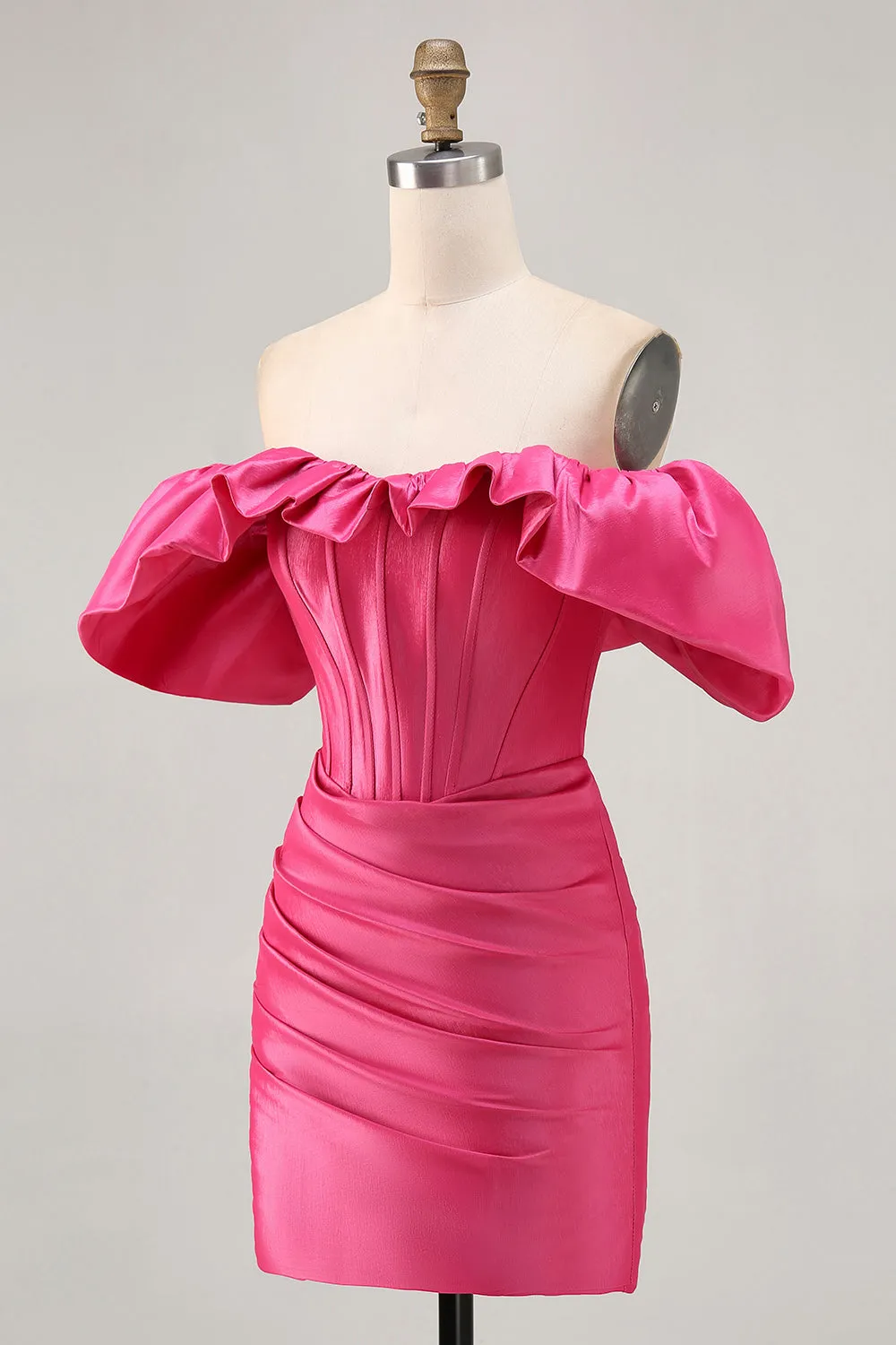 Satin Off The Shoulder Fuchsia Ruffled Tight Homecoming Dress sold by Zapaka product image thumbnail 3