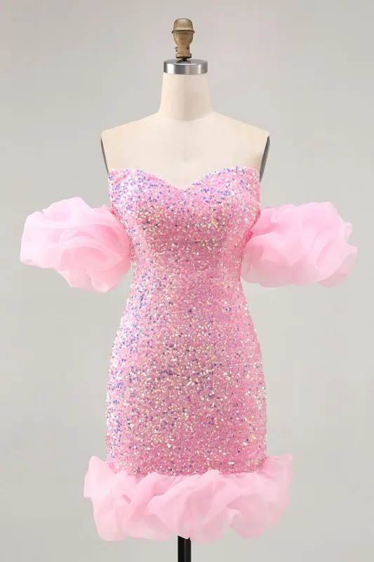 Sparkly Off The Shoulder Pink Sequins Tight Homecoming Dress sold by Zapaka