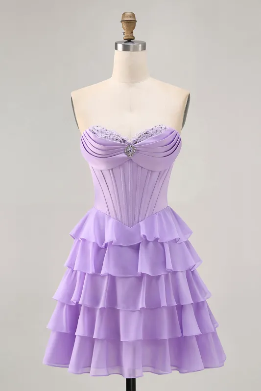 Strapless Purple Tiered Corset A Line Short Homecoming Dress sold by Zapaka