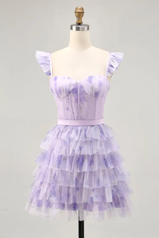 Lilac Floral Ruffled Corset A-Line Homecoming Dress sold by Zapaka