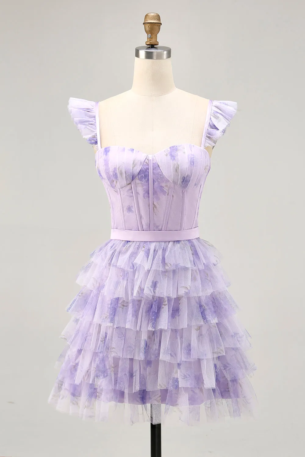Lilac Floral Ruffled Corset A-Line Homecoming Dress sold by Zapaka