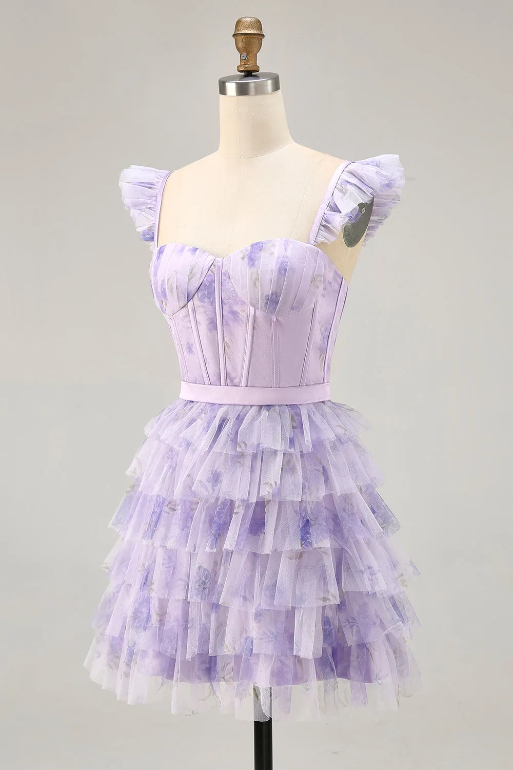 Lilac Floral Ruffled Corset A-Line Homecoming Dress sold by Zapaka product image thumbnail 5