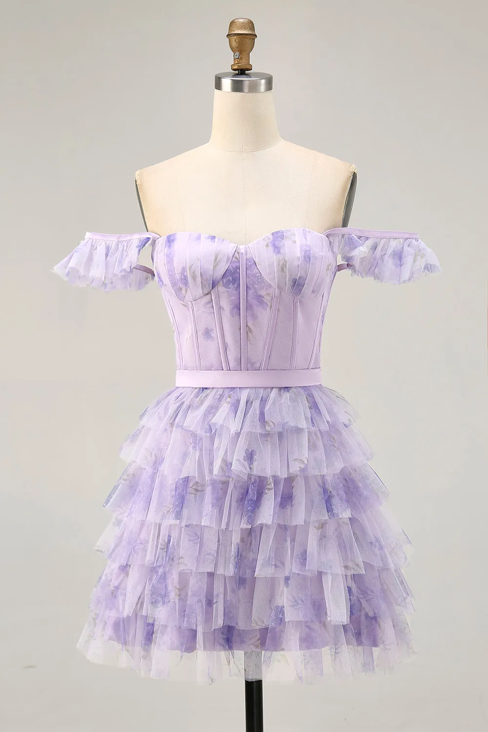 Lilac Floral Ruffled Corset A-Line Homecoming Dress sold by Zapaka product image thumbnail 3