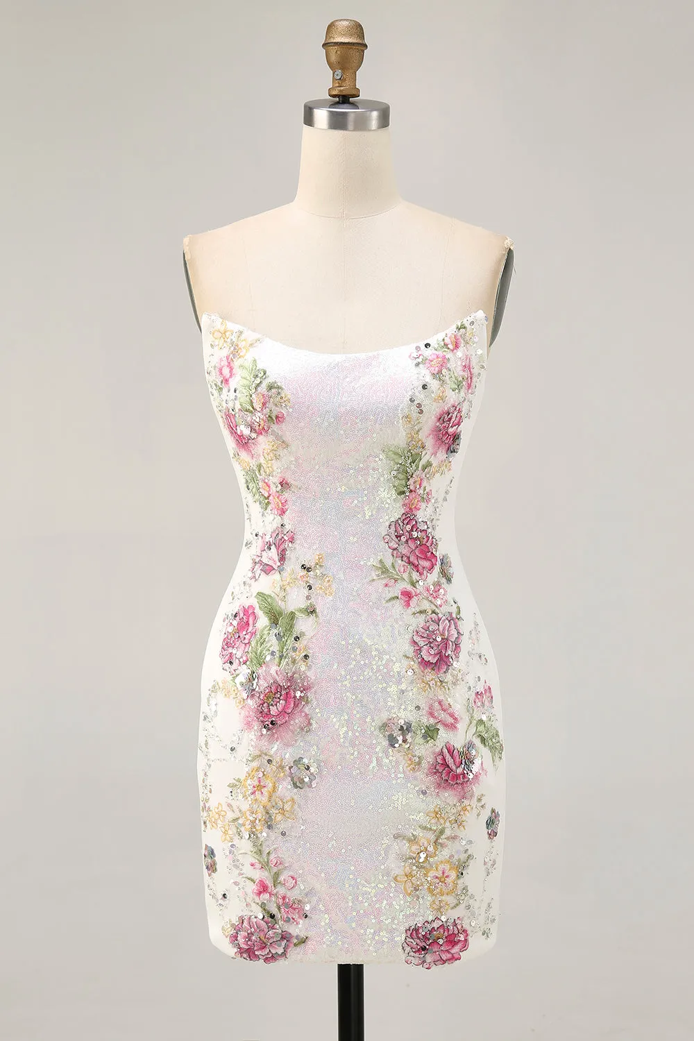Floral Strapless Sequins Bodycon White Homecoming Dress sold by Zapaka