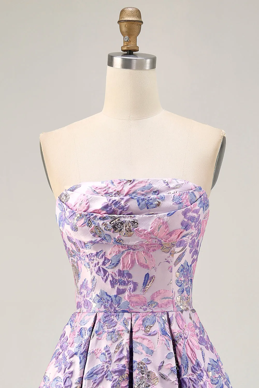 Brocade Lilac Strapless A Line Floral Short Homecoming Dress sold by Zapaka product image thumbnail 4