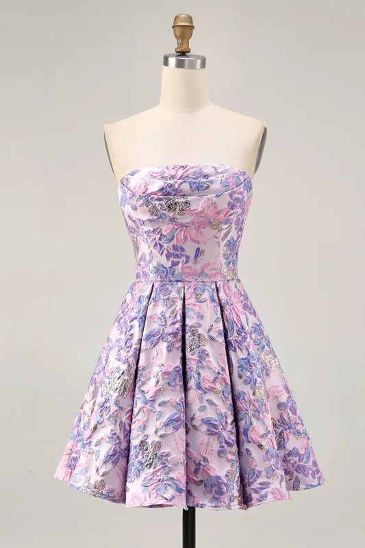 Brocade Lilac Strapless A Line Floral Short Homecoming Dress sold by Zapaka