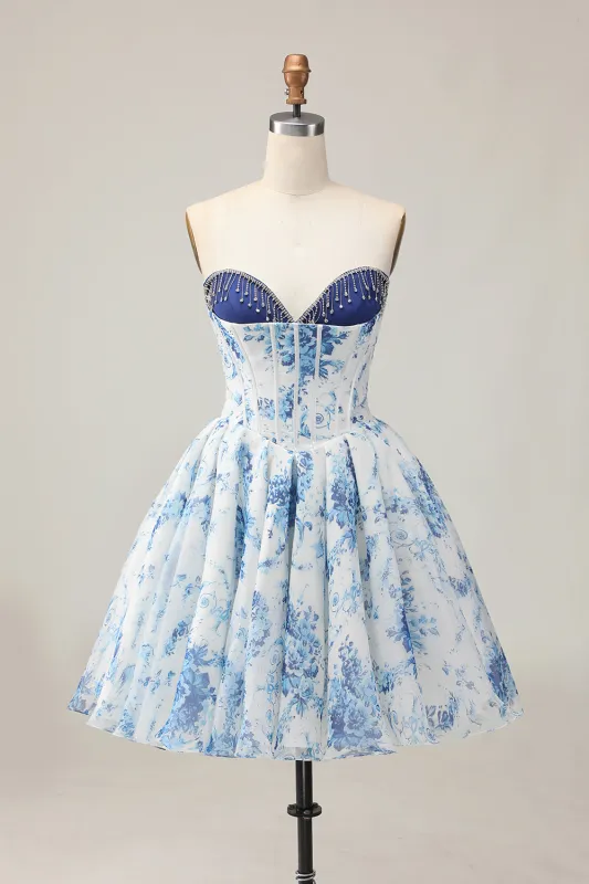 White Blue Flower A-Line Strapless Printed Beaded Homecoming Dress sold by Zapaka