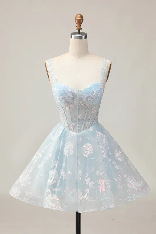 Sparkly Light Blue A Line Spaghetti Straps Corset Long Homecoming Dress sold by Zapaka