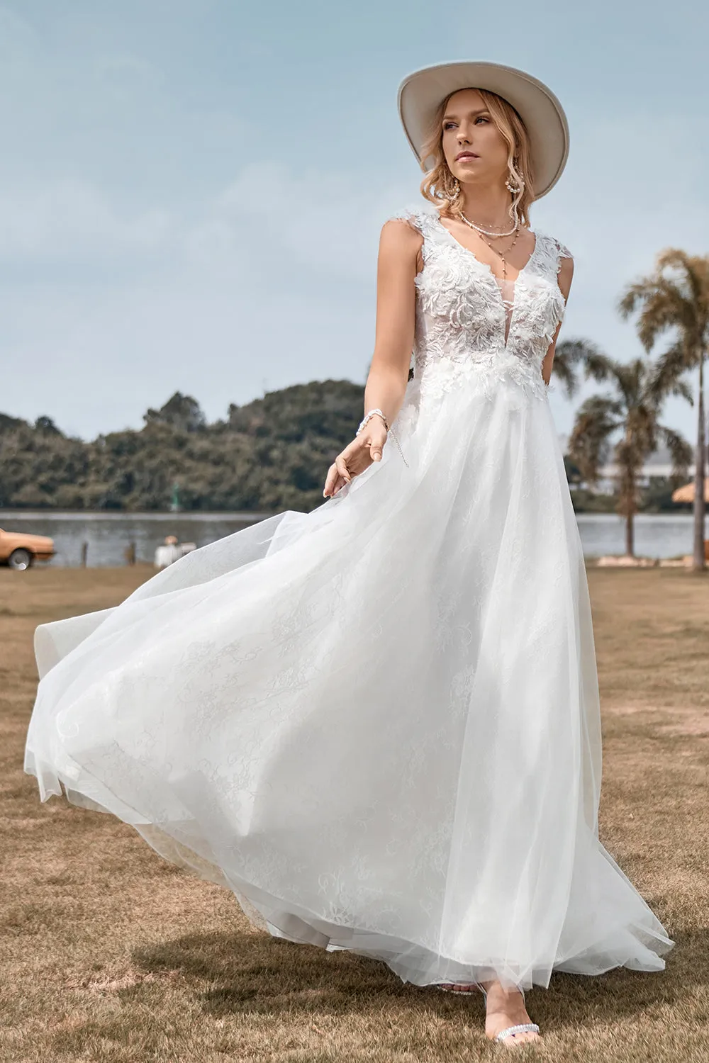 Sparkly Tulle Beaded Ivory Long A Line Wedding Dress sold by Zapaka