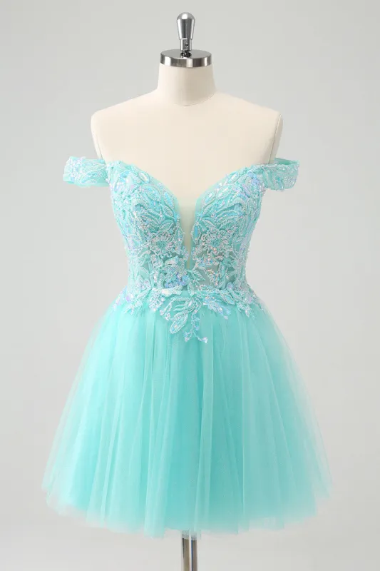 Sparkly Light Blue A Line Off The Shoulder Short Homecoming Dress sold by Zapaka