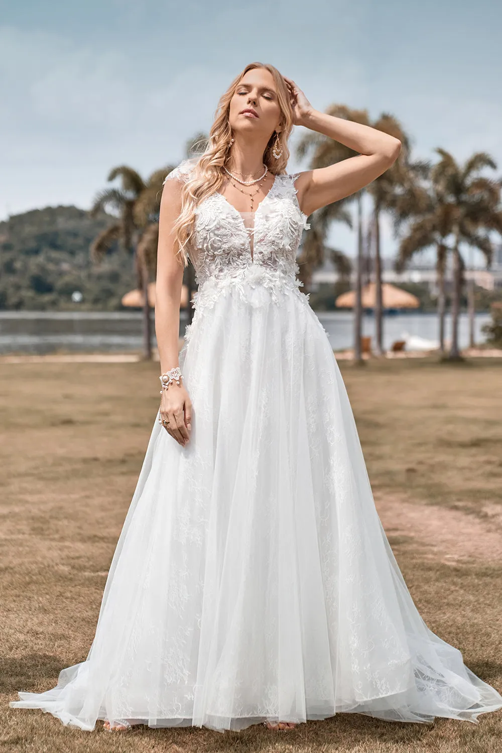 Sparkly Tulle Beaded Ivory Long A Line Wedding Dress sold by Zapaka product image thumbnail 3