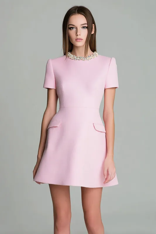 Pink Round Neck A Line Work Dress with Beading sold by Zapaka