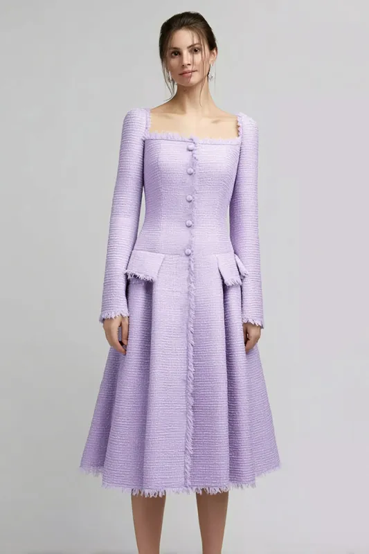 Lilac A Line Square Neck Midi Work Dress with Pleats sold by Zapaka
