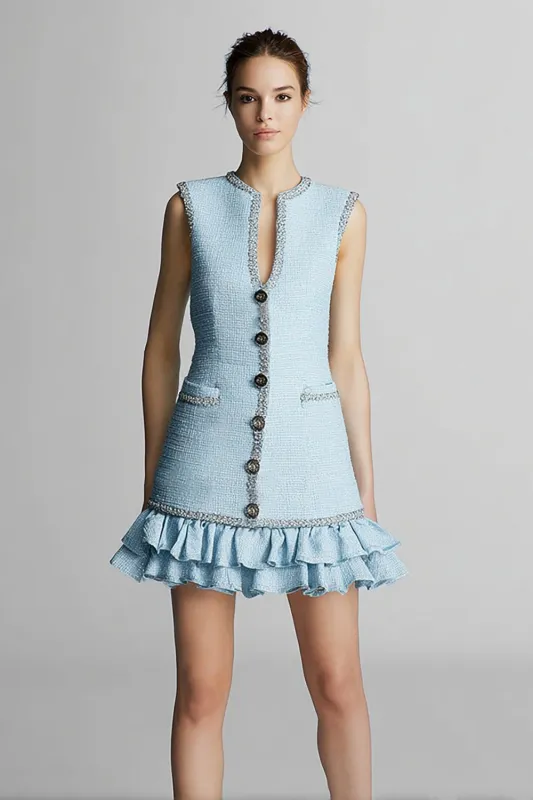 Sky Blue Sheath V-Neck Short Work Dress with Ruffles sold by Zapaka