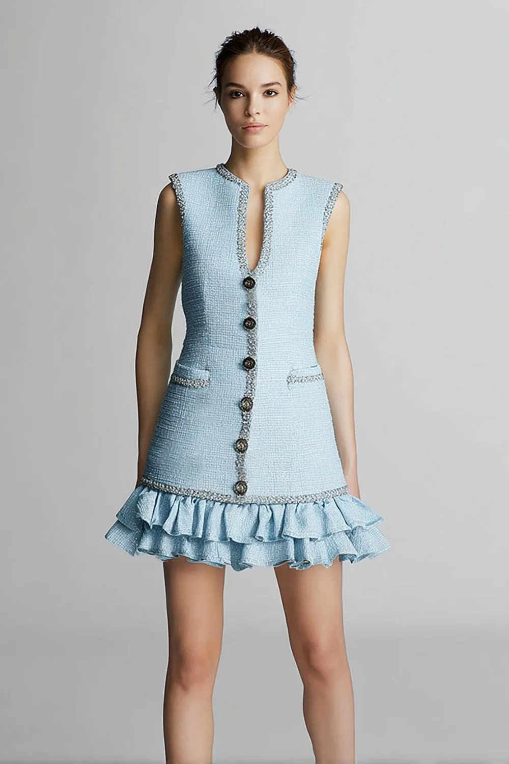 Sky Blue Sheath V-Neck Short Work Dress with Ruffles sold by Zapaka