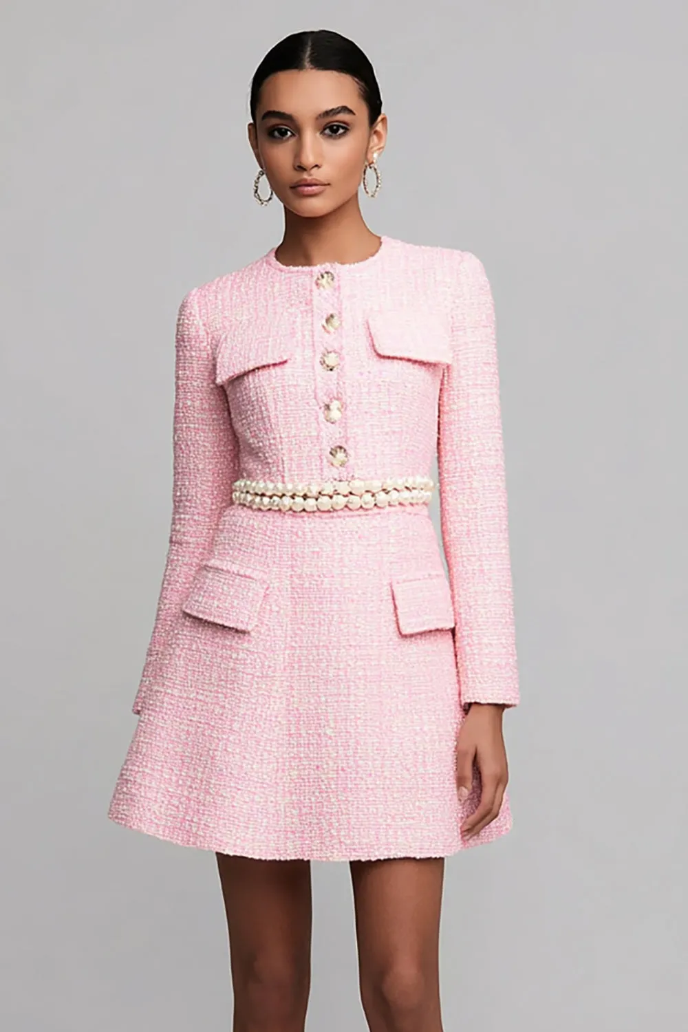 Pink A Line Long Sleeves Short Homecoming Dress with Pearls sold by Zapaka