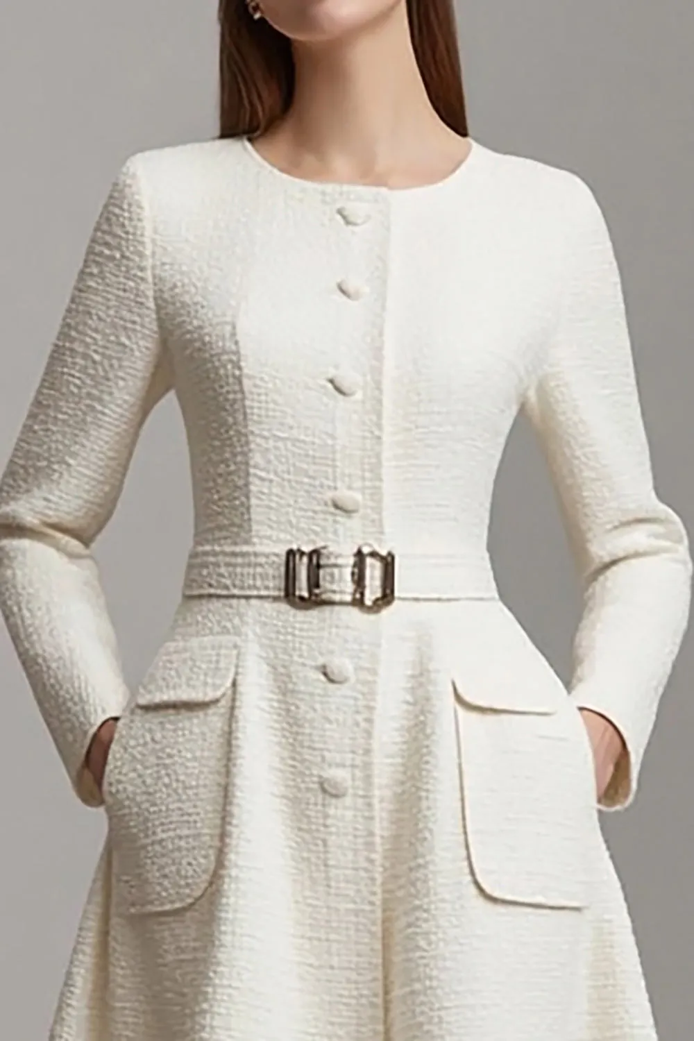 A Line Round Neck Midi Ivory Work Dress with Belt sold by Zapaka product image thumbnail 2