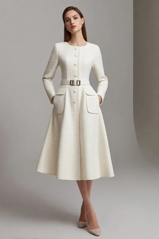 A Line Round Neck Midi Ivory Work Dress with Belt sold by Zapaka