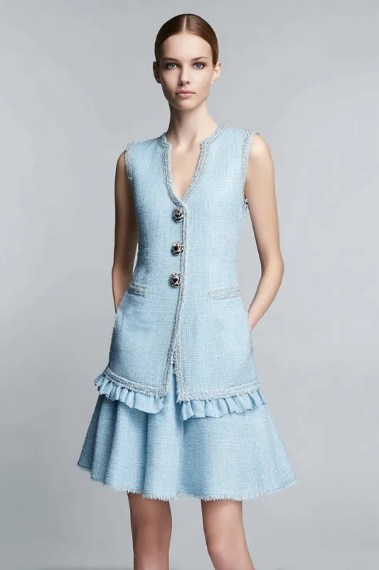 V-Neck 2-Piece A Line Sky Blue Work Dress with Ruffles sold by Zapaka