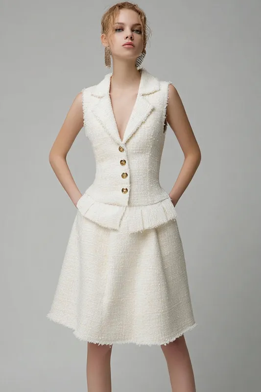 Ivory A Line Notched Lapel Knee-Length Work Dress sold by Zapaka