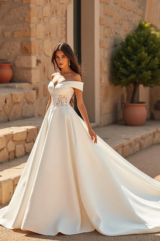 Ivory A Line Chapel Train Satin Wedding Dress with Lace Appliques sold by Zapaka