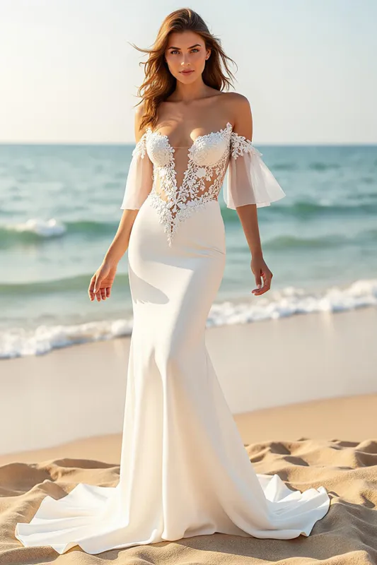 Mermaid Off the Shoulder Court Train Ivory Wedding Dress with Lace Appliques sold by Zapaka