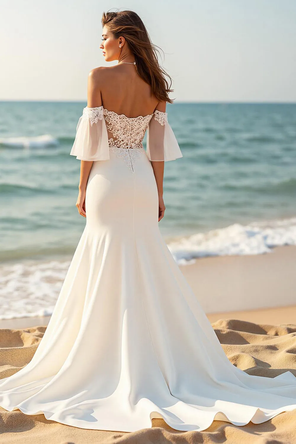 Mermaid Off the Shoulder Court Train Ivory Wedding Dress with Lace Appliques sold by Zapaka product image thumbnail 2