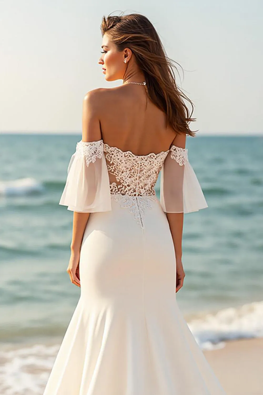 Mermaid Off the Shoulder Court Train Ivory Wedding Dress with Lace Appliques sold by Zapaka product image thumbnail 4