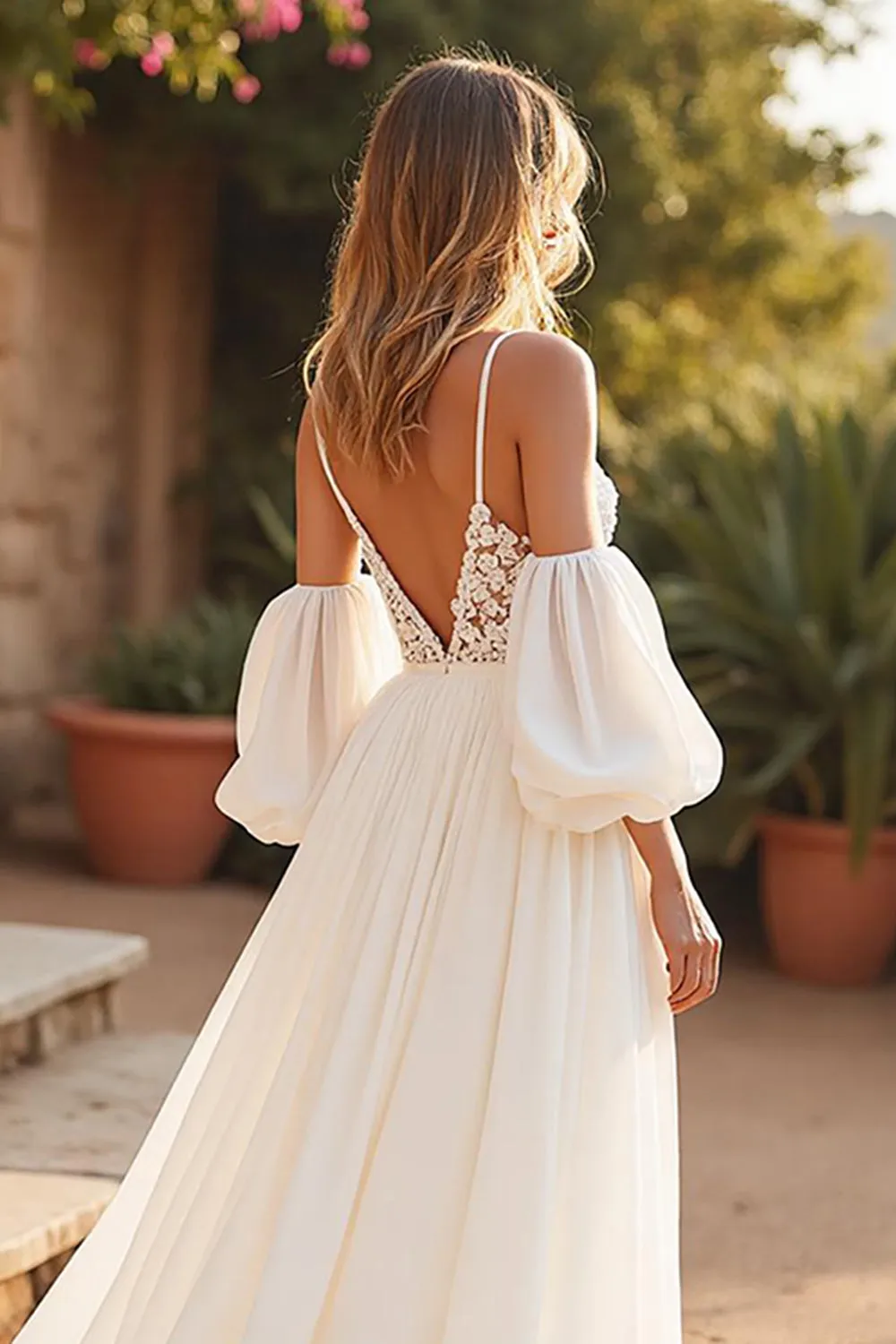 Sweep Train Chiffon A Line V-Neck Ivory Wedding Dress with Lace sold by Zapaka product image thumbnail 4