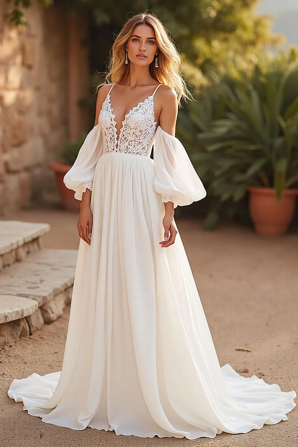 Sweep Train Chiffon A Line V-Neck Ivory Wedding Dress with Lace sold by Zapaka