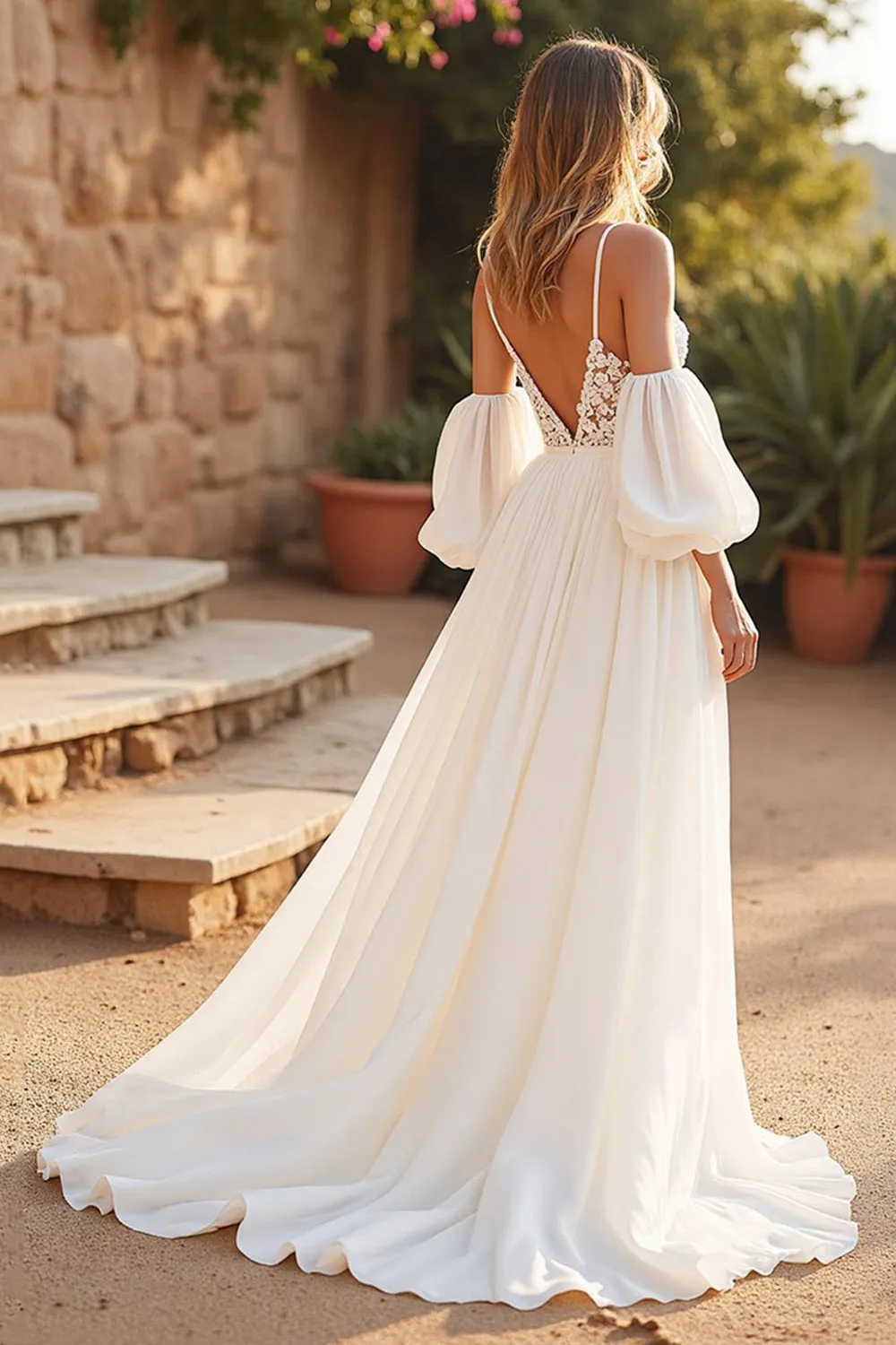 Sweep Train Chiffon A Line V-Neck Ivory Wedding Dress with Lace sold by Zapaka product image thumbnail 2