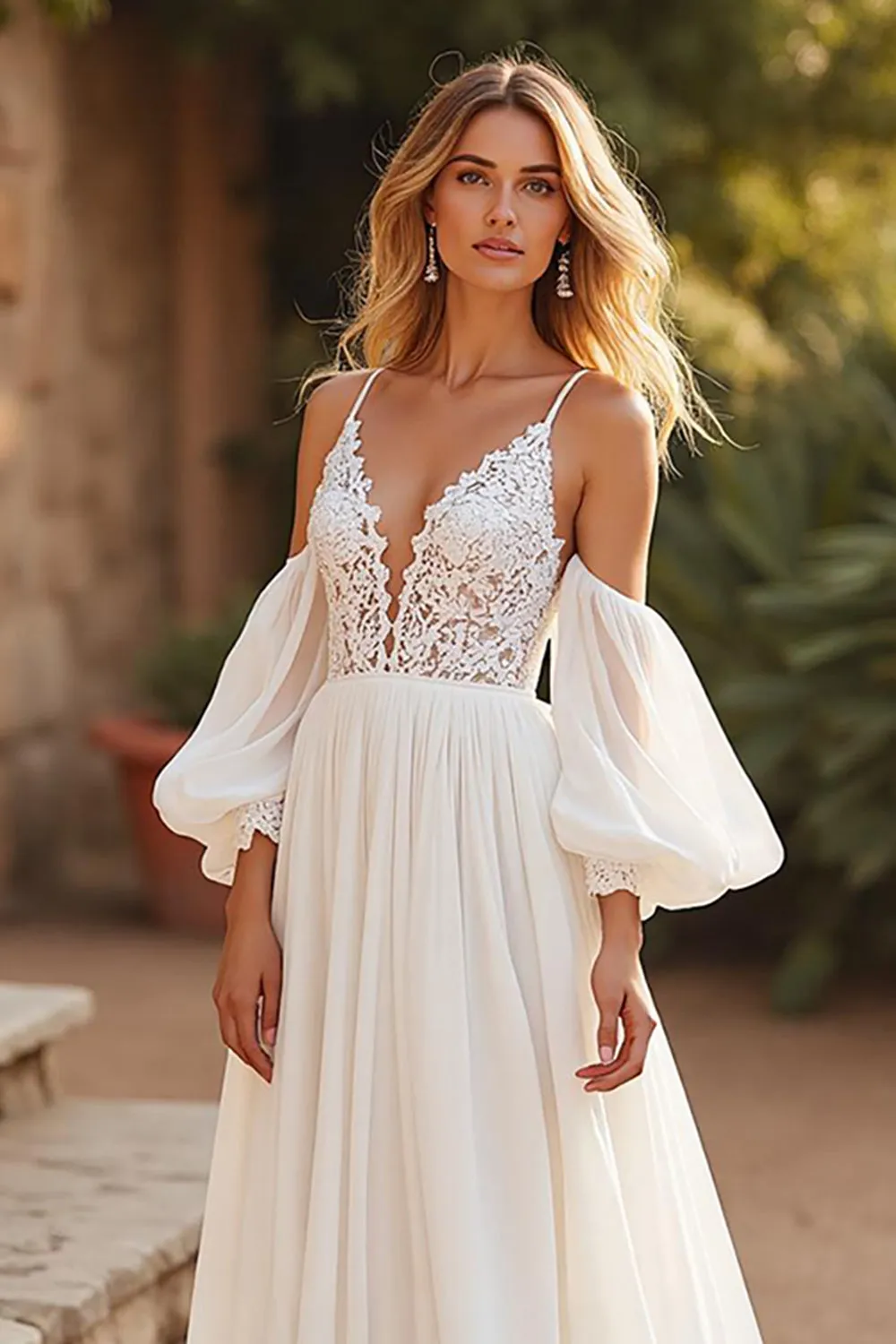 Sweep Train Chiffon A Line V-Neck Ivory Wedding Dress with Lace sold by Zapaka product image thumbnail 3