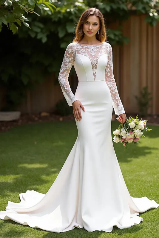 Satin Mermaid Bateau Court Train Ivory Wedding Dress with Lace sold by Zapaka