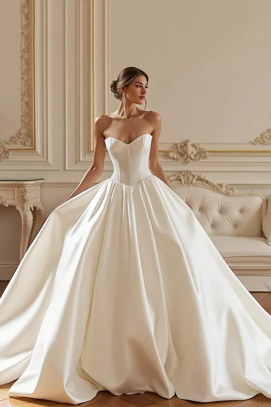 Ivory A Line Strapless Chapel Train Wedding Dress with Lace sold by Zapaka
