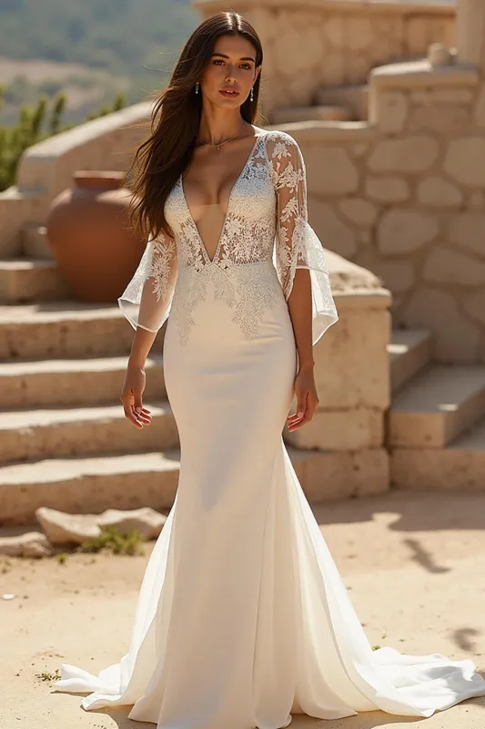 Ivory Chiffon Mermaid V-Neck Court Train Wedding Dress with Lace Appliques sold by Zapaka