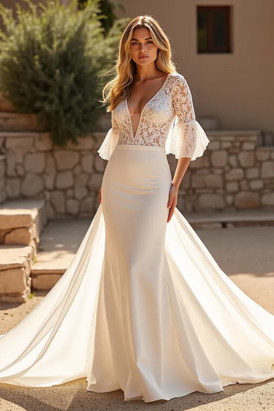 Mermaid V-Neck Court Train Ivory Wedding Dress with Lace sold by Zapaka