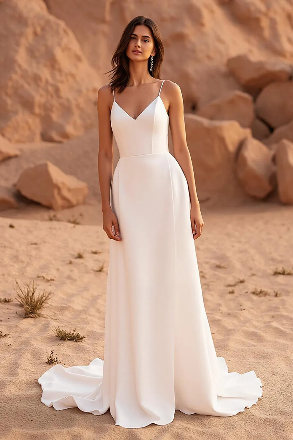 Ivory A Line Court Train Simple Satin Wedding Dress sold by Zapaka