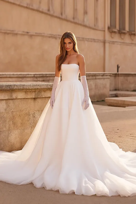 Organza A Line Strapless Chapel Train Ivory Wedding Dress sold by Zapaka