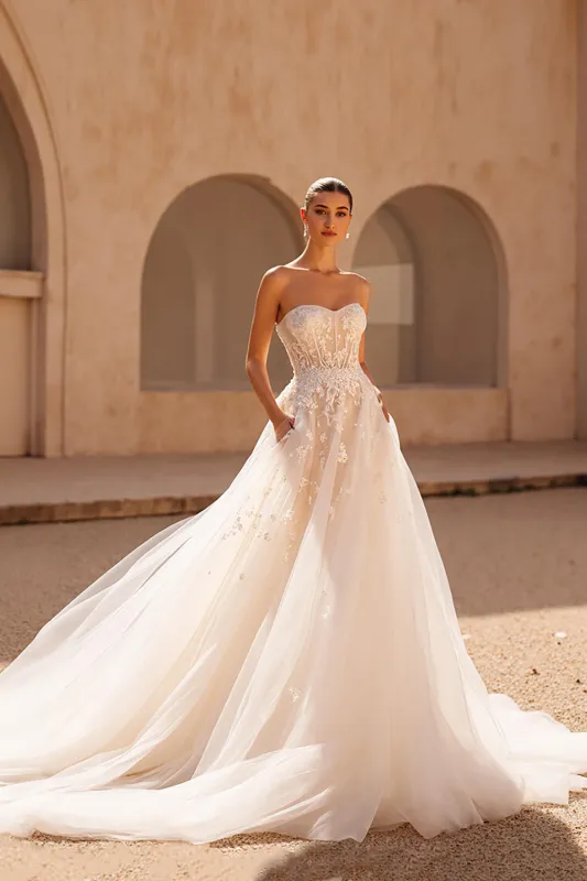 Ivory Tulle A Line Strapless Chapel Train Wedding Dress sold by Zapaka
