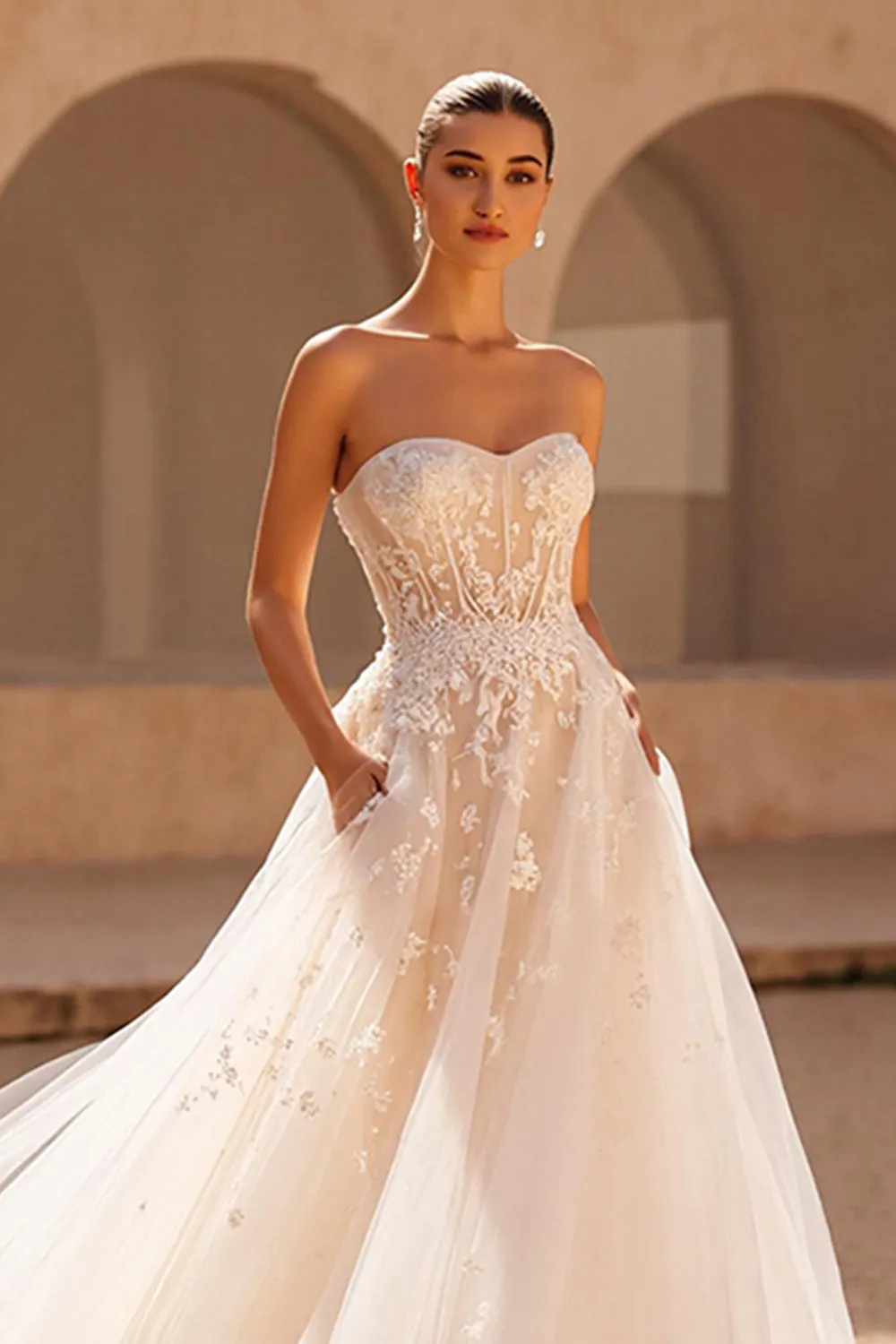 Ivory Tulle A Line Strapless Chapel Train Wedding Dress sold by Zapaka product image thumbnail 2