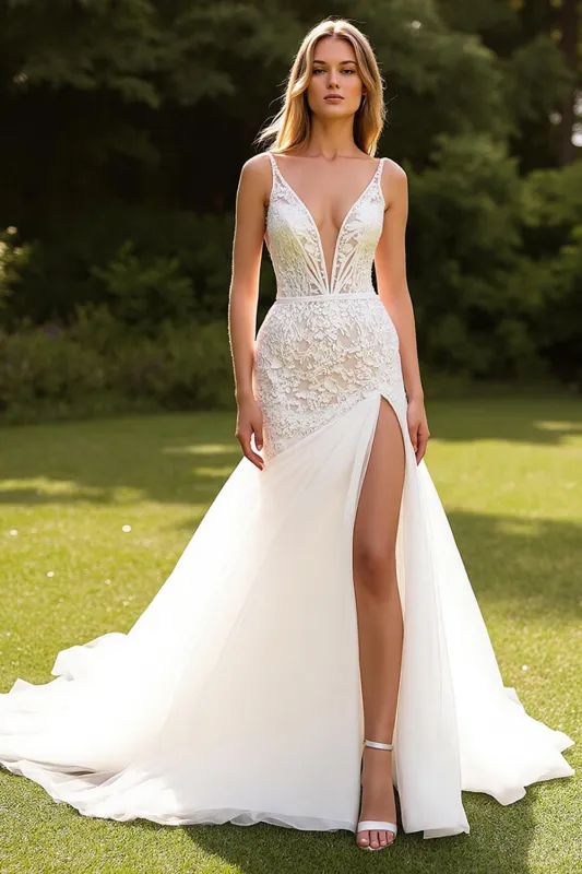 Court Train Tulle Mermaid V-Neck Ivory Wedding Dress sold by Zapaka