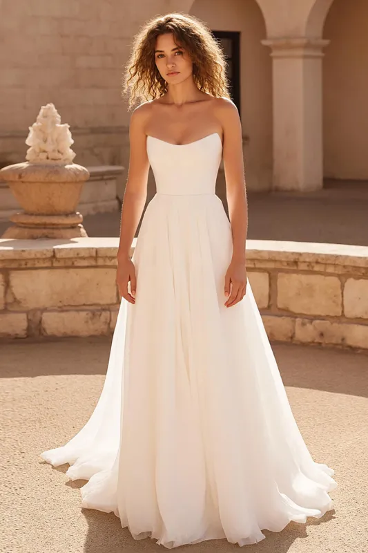 Ivory Simple A Line Strapless Court Train Wedding Dress sold by Zapaka