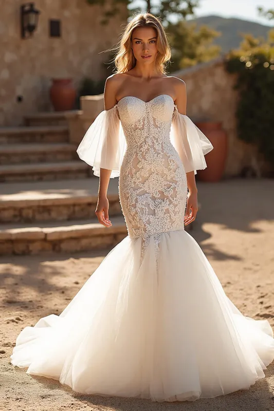 Ivory Mermaid Court Train Tulle Wedding Dress with Ruffles sold by Zapaka