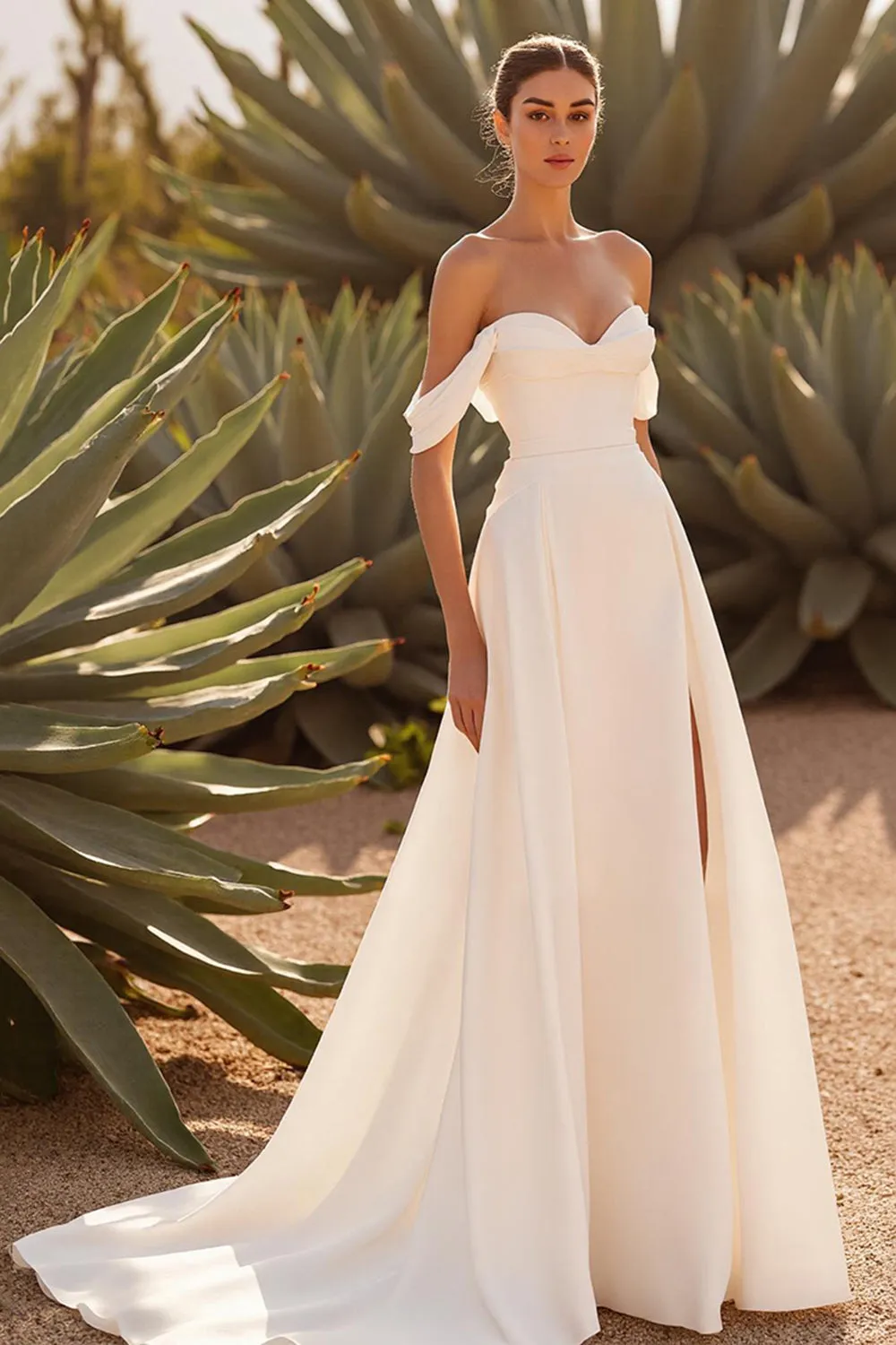Ruched A Line Off the Shoulder Court Train Ivory Wedding Dress sold by Zapaka